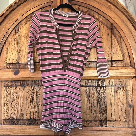 Free People Easy to Love Romper Knit Stripe Purple Fall Cozy Cabin Lounge - Picture 4 of 11
